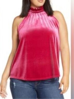 Gibson Velvet High-Neck Magenta Sleeveless Top with Back Tie